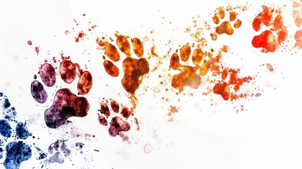 A footprints, paw print path Dog paws. Kitten. Paw prints of bright colors of animals, silhouettes on a white background. - obrazy, fototapety, plakaty