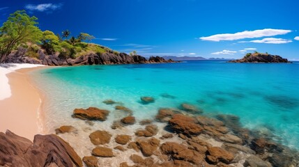 Pristine beach with clear waters and rocky shore