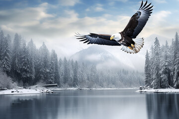 A tranquil winter scene with a majestic bald eagle soaring above a frozen lake capturing the serene beauty. Ai generated - Powered by Adobe