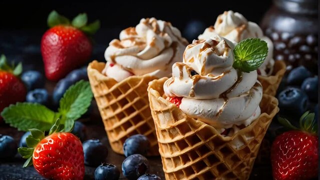 ice cream with strawberries, blueberries in waffle

