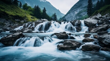 Fototapeta na wymiar Remote mountain river with cascading waterfalls and trees