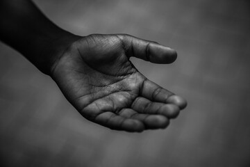Grayscale closeup shot of a person's palm. - obrazy, fototapety, plakaty
