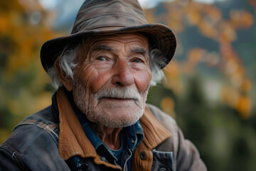 Obraz premium Portrait of an elderly man in close-up in an autumn park