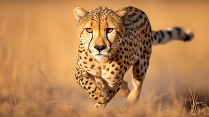 Fototapeta premium Graceful cheetah in full sprint on open plains closeup