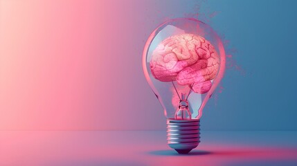 3D minimalist light bulb with a vibrant brain pattern, set against a calming pastel indigo background, denoting creative energy. - 772903098