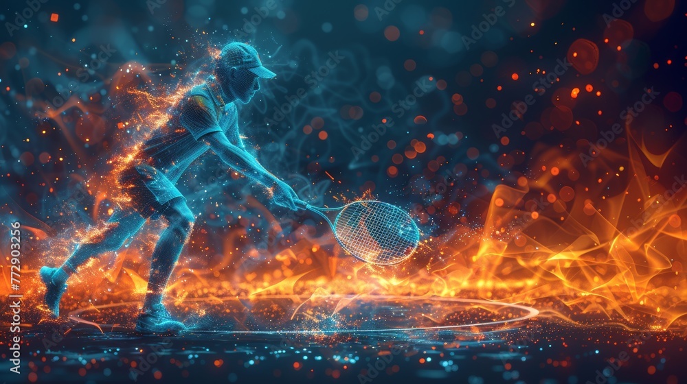 Poster Wireframe badminton player with lighting effect