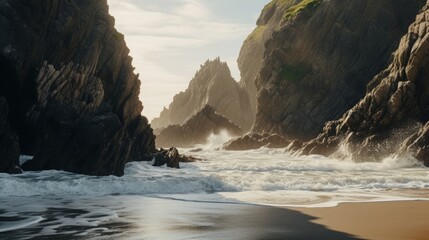 Secluded beach scene with rugged cliffs and crashing waves in nature