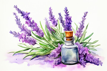 Lavender essential oil bottle and fresh lavender sprigs hyper realistically painted. Ai generated
