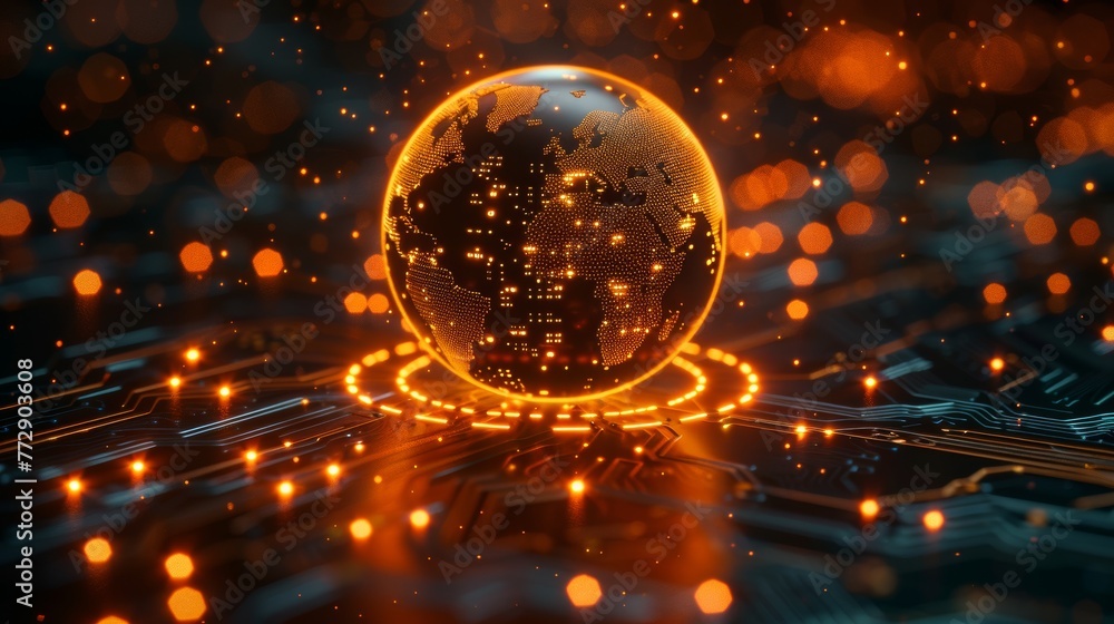 Leinwandbilder graphic of globe with circuit board pattern illustrating digital transformation or big data.