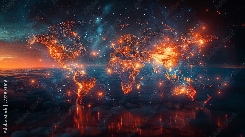 Aufkleber Graphic of world map with firework effect and element associated with digital transformation or big data