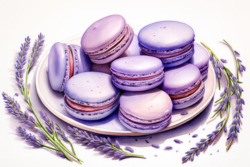 Lavender infused macarons depicted hyper realistically in a watercolor style arranged elegantly. Ai generated