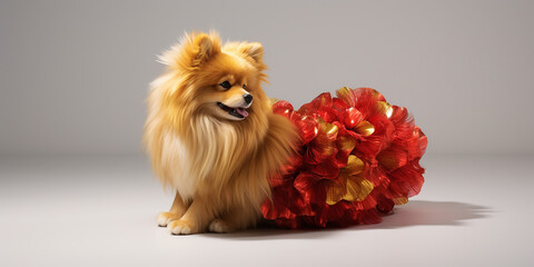 Showcasing a lifelike golden dog with vibrant multi colored fur comfortably seated on a spotless. Ai generated