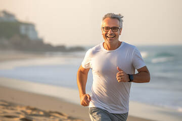 Happy middle-aged man jogging on the beach.