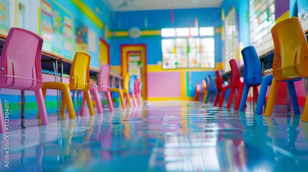 Poster various vibrant chairs of different sizes and styles occupy a classroom setting, creating a lively a