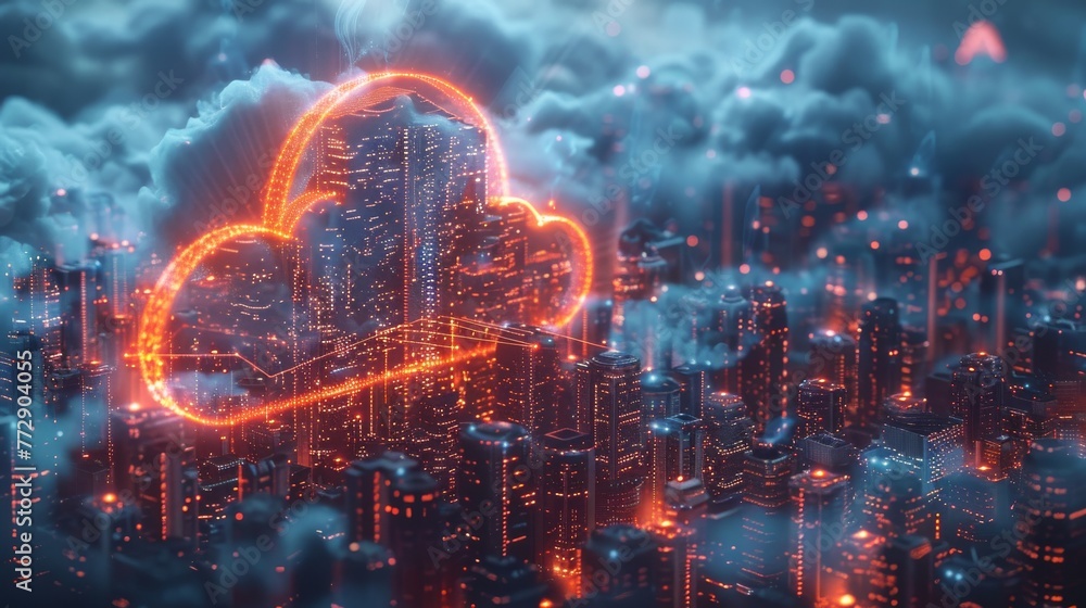 Aufkleber an illustration of an internet of things, or a cloud computing technology, with a futuristic city in