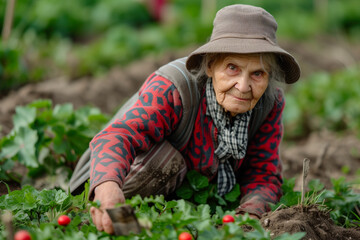 Determined senior woman tending to her garden with care and expertise.