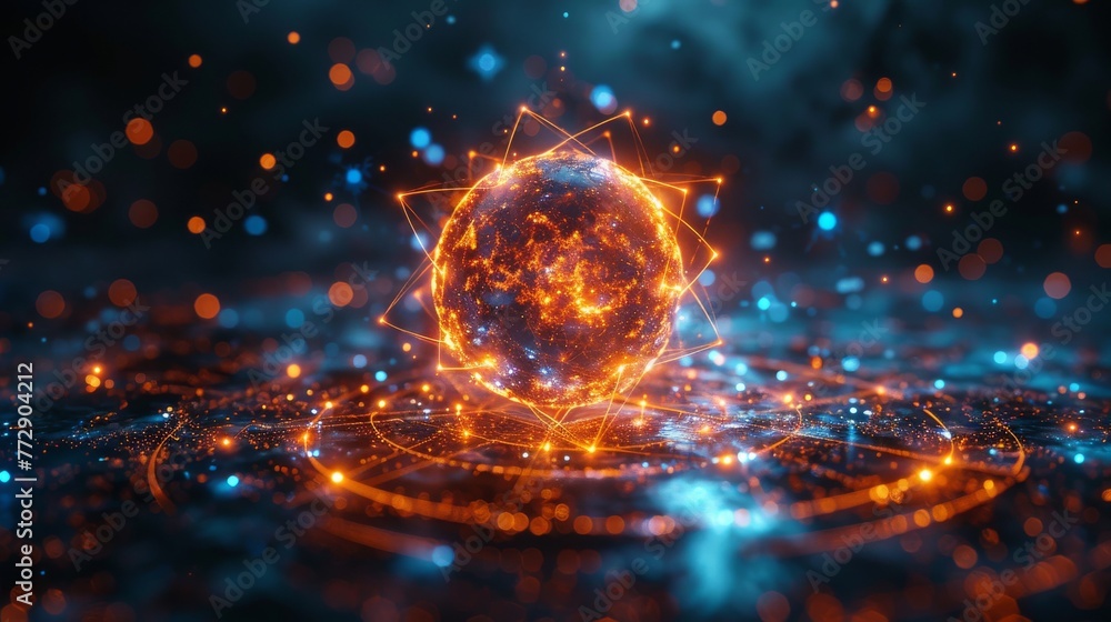 Poster A futuristic science tech concept combining atom structure and electromagnetics