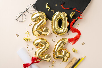 Graduation success theme. Top view of 2024 gleaming balloons, graduation cap, diploma, study essentials, writing materials, glasses, glimmering tinsel on soft beige background