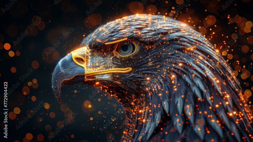 Poster this is an idea of the united states tech war, with a graphic of an eagle combined with a circuit bo