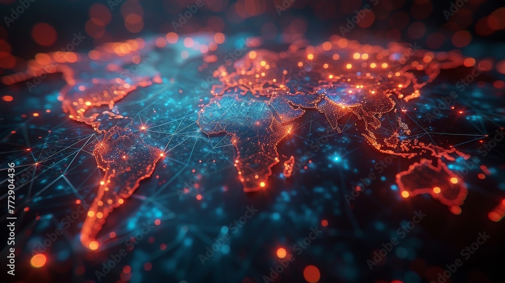 Poster world communication technology, low poly map with futuristic elements