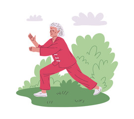 An elderly grandmother in a kimono takes tai chi poses in a park, vector illustration