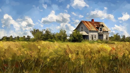 Fototapeta na wymiar A house in the field. Oil painting. A little house or cottage in the field painted by oil. Harsh strokes. Impressionism or realism landscape painting.