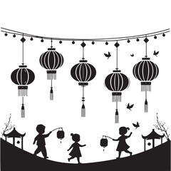 Luminous Silhouettes: Vector Chinese Children Adorned with Lanterns Against Night Sky in Stylized Artwork- children with festive lanterns black vector stock © Wolfe 