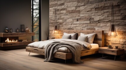 A bedroom with a fireplace, bed, and nightstand. The bed is covered in a blanket and pillows