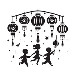 Luminous Silhouettes: Vector Chinese Children Adorned with Lanterns Against Night Sky in Stylized Artwork- children with festive lanterns black vector stock © Wolfe 
