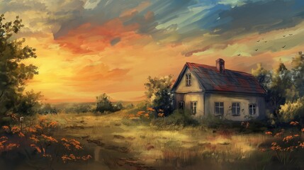 A house in the field. Oil painting. A little house or cottage in the field painted by oil. Harsh strokes. Impressionism or realism landscape painting. - obrazy, fototapety, plakaty