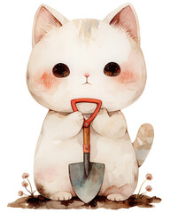 Kawaii cat with a shovel, watercolor illustration - 772905283