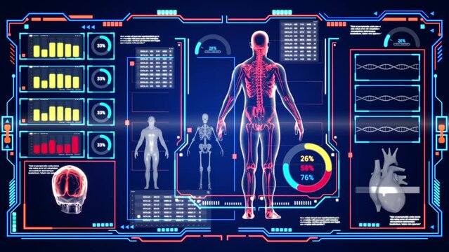 A computer monitor displays a human body with a heart and a skeleton. The image is in blue and red colors and has a futuristic feel to it