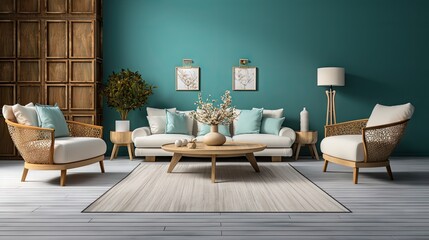 A living room with a blue wall and wooden furniture. The furniture includes a couch, two chairs, a coffee table, and a lamp. The room has a modern and cozy feel, with a rug on the floor