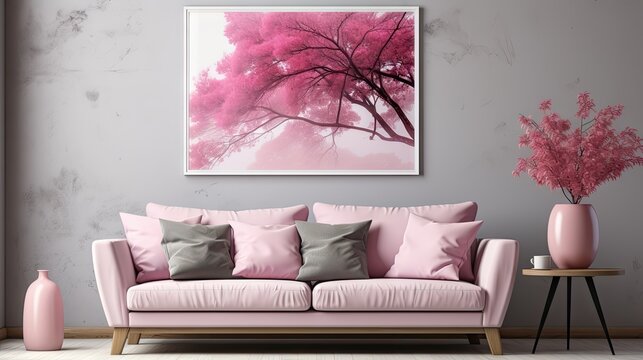 A pink couch is in a room with a pink wall and a pink vase. The couch is surrounded by pillows and a potted plant. The room has a pink and white color scheme, giving it a cozy and inviting atmosphere