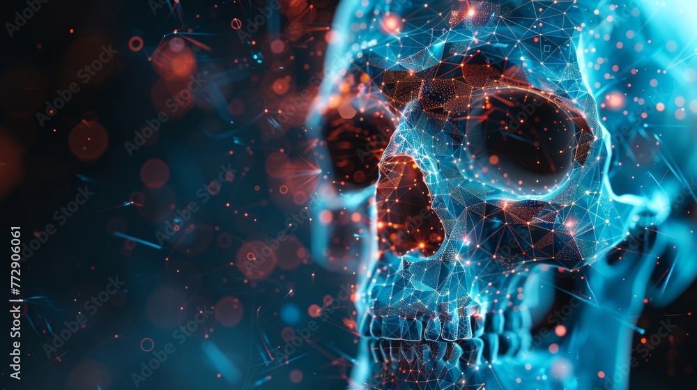 Aufkleber An abstract graphic of a low poly skull with a futuristic programming interface illustrates the concept of cybercrime or virus computers