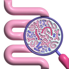 Abstract human intestine and magnifier. Gut microbiome concept. SIBO, leaky gut syndrome and candida growth. Volume illustration isolated on white background.
