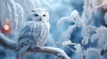 Foto op Canvas a white owl sitting on a branch with snow on it © Ecaterina