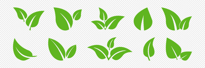 Set of isolated green leaf icons on white background. Abstract natural leaf icons. Elements. Vector illustration.