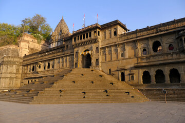 24 February 2024, Exterior View of the scenic tourist landmark Maheshwar fort in Madhaya pradesh in India.This monument is on the banks of the Narmada River.