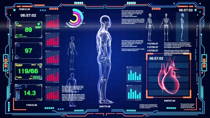 A computer monitor displays a human body with a heart and a skeleton. The image is in blue and red colors and has a futuristic feel to it - Powered by Adobe