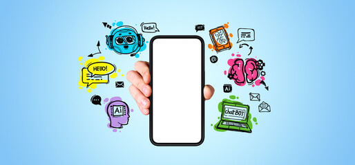 Hand holding mock up smartphone and chat bot doodle with online connection icons