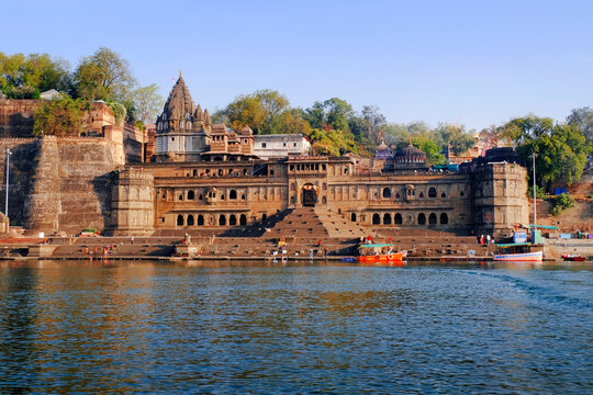 24 February 2024, Exterior View of the scenic tourist landmark Maheshwar fort in Madhaya pradesh in India.This monument is on the banks of the Narmada River.
