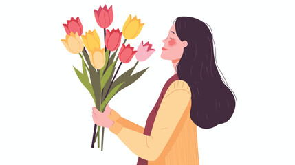 Girl with a bouquet of tulips. Vector concept 