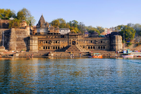 24 February 2024, Exterior View of the scenic tourist landmark Maheshwar fort in Madhaya pradesh in India.This monument is on the banks of the Narmada River.