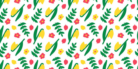 Colorful Flower seamless pattern illustration in Children style art. Floral doodle endless bright background funny simple nature shapes wallpaper. Spring child wrapping