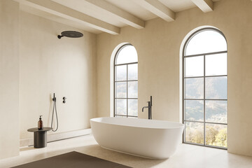 Beige hotel bathroom interior with tub, douche and panoramic window