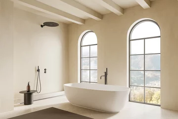 Fotobehang Beige hotel bathroom interior with tub, douche and panoramic window © ImageFlow