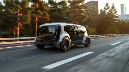 Fototapeten An autonomous self-driving electric car rides on the road in 3D... © Zaleman