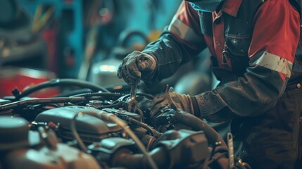 The mechanic is installing a battery in the garage with a wrench. - obrazy, fototapety, plakaty