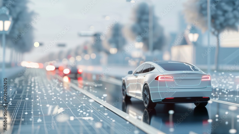 Fototapete 3D rendering showing sensor use in autonomous driving concept.